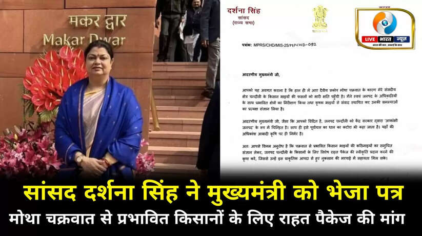 सांसद दर्शना सिंह ने मुख्यमंत्री को भेजा पत्र, मोथा चक्रवात से प्रभावित किसानों के लिए विशेष राहत पैकेज की मांग