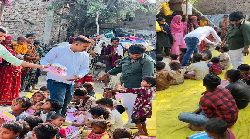 खाकी वाले गुरुजी के अपना स्कूल में पठन-पाठन सामग्री लेकर पहुँचे जनपद मऊ में नियुक्त दो सिपाही