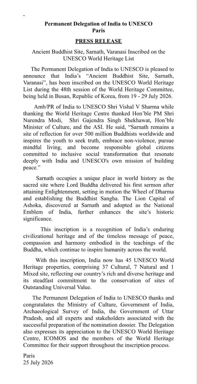 विश्व धरोहर सूची में शामिल हुआ सारनाथ, काशी को मिली वैश्विक पहचान