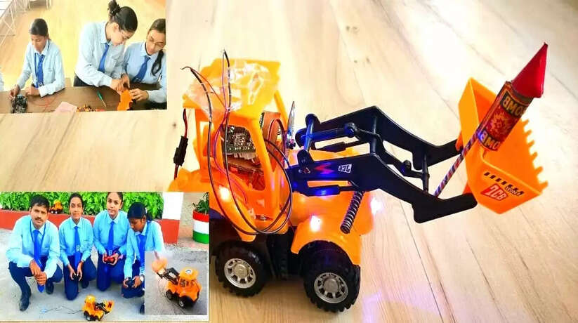 आईटीएम गीडा में छात्र छात्राओं ने मिलकर बनाया प्रदूषण रहित बुलडोजर पटाखा