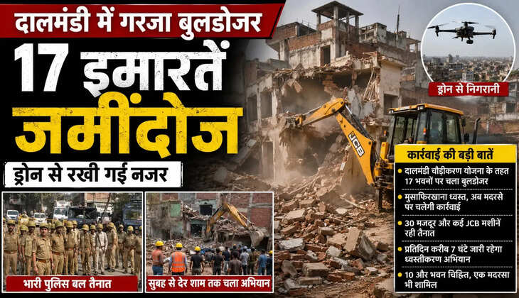 Varanasi News: दालमंडी में गरजा बुलडोजर, 17 इमारतें जमींदोज, ड्रोन से रखी गई नजर