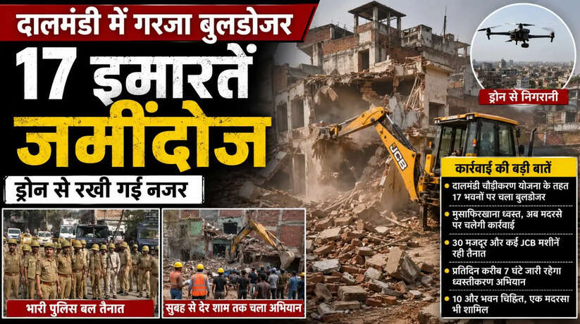 Varanasi News: दालमंडी में गरजा बुलडोजर, 17 इमारतें जमींदोज, ड्रोन से रखी गई नजर