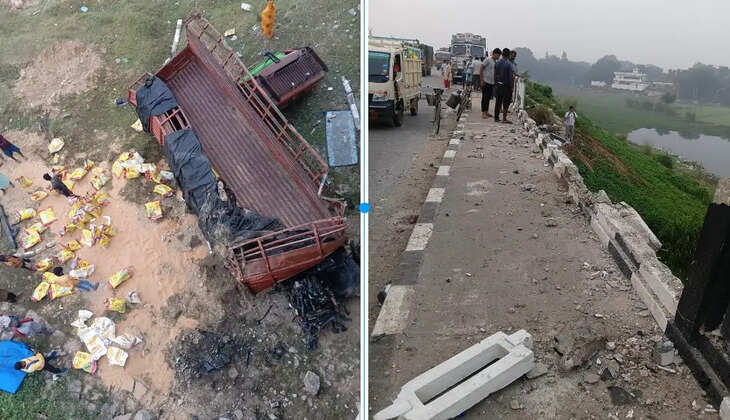 मार्कण्डेय महादेव टोल प्लाजा के पास ट्रक खाई में गिरा, ड्राइवर और खलासी की हालत गंभीर