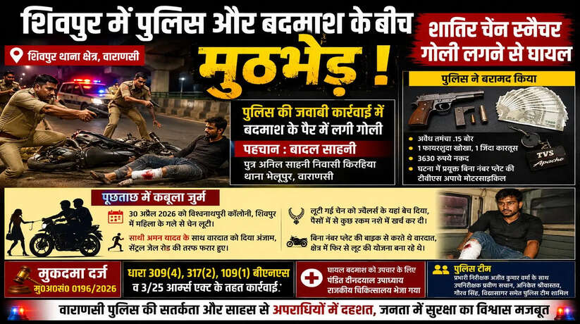 &nbsp;Varanasi Encounter News: शिवपुर में पुलिस-बदमाश मुठभेड़, शातिर चेन स्नैचर बादल साहनी के पैर में लगी गोली